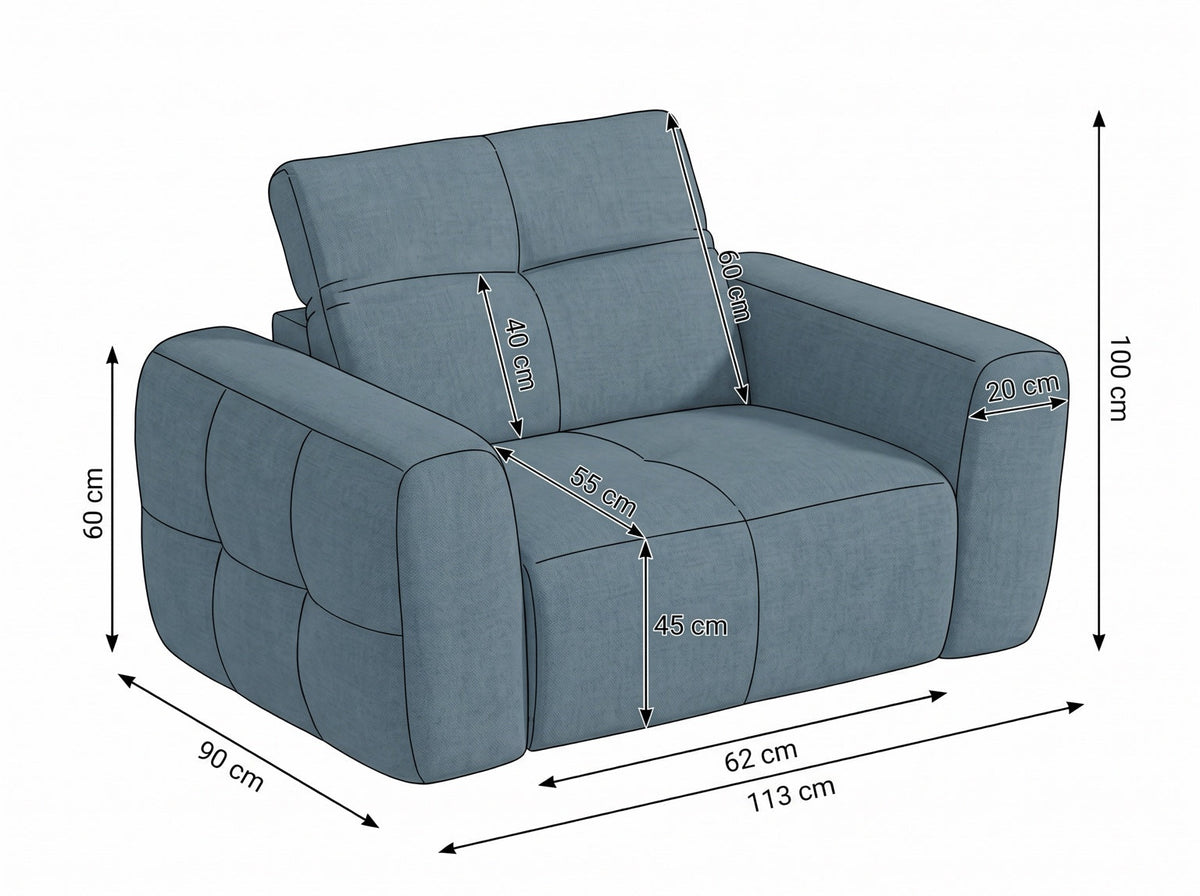 Faringdon armchair dimensions: 113 cm width, 90 cm depth, 100 cm height with headrest raised – Grey and Beige
