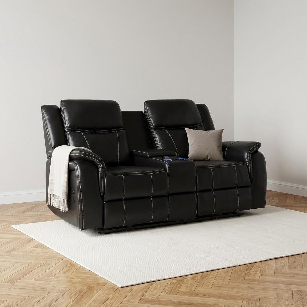 Galaxy Tech Recliner Leather 2 Seater Sofa With Storage And Cooling Cupholders — Black — main lifestyle image