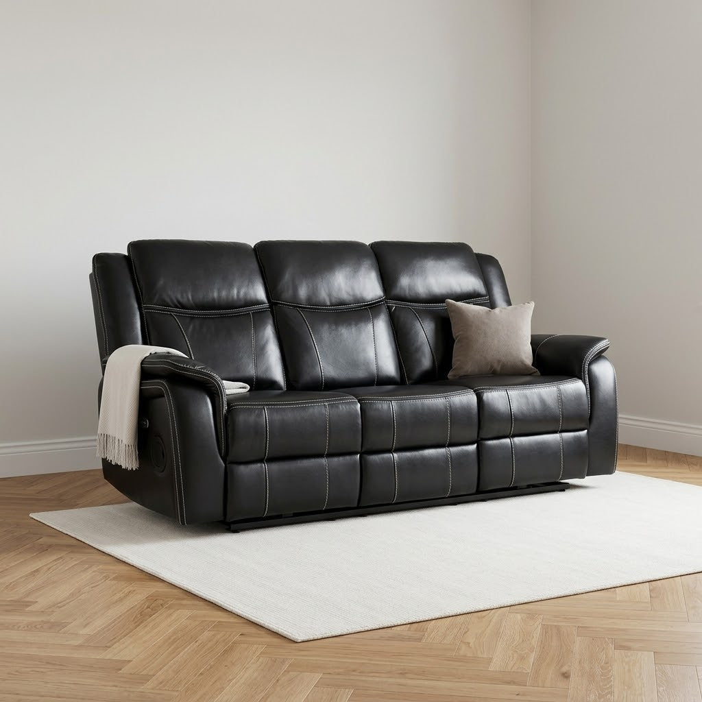 Galaxy Tech Recliner Leather 3 Seater With Cupholders & Charging — Black — main lifestyle image