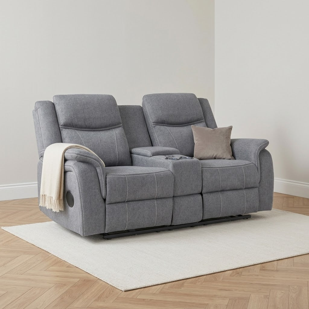 Galaxy Tech Recliner Fabric 2 Seater - Grey With Storage & Cooling Cupholders — main lifestyle image