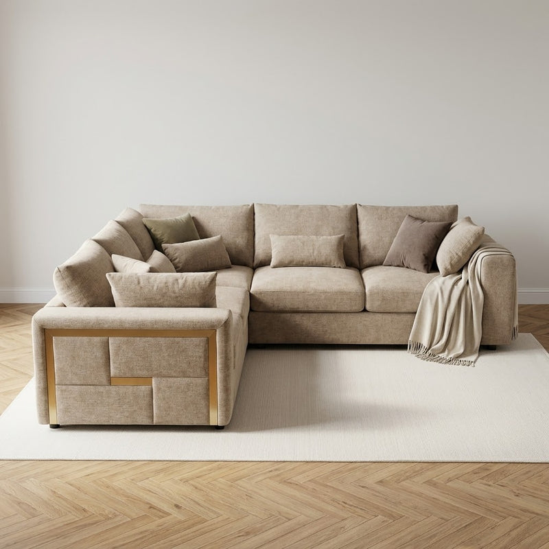 George 2C2 Chenille Corner Sofa – Beige with Gold Accents