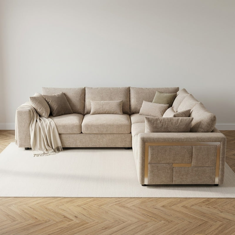 George 2C2 Chenille Corner Sofa – Beige with Silver Accents