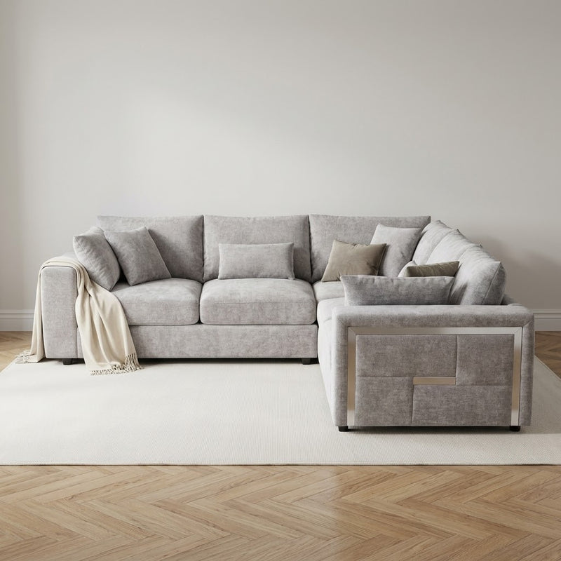 George 2C2 Chenille Corner Sofa – Grey with Silver Accents