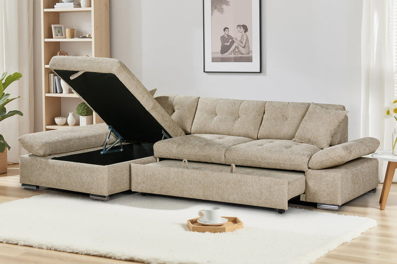Harry Beige Chenille Fabric Corner Sofabed with Storage