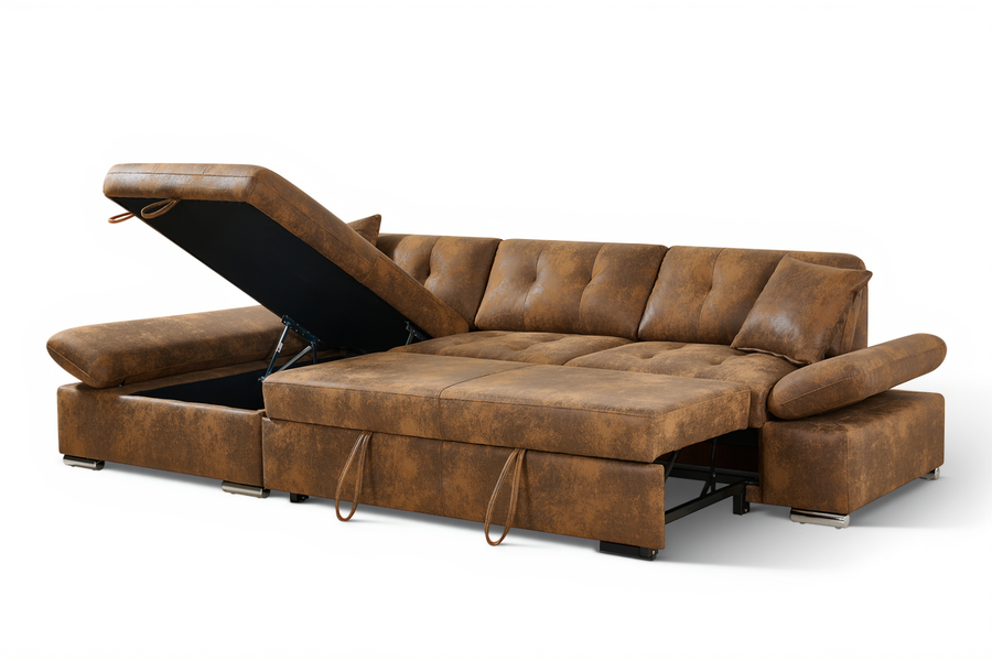 Harry Faux Leather Suede Brown Corner Sofabed with Storage