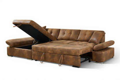 Harry Faux Leather Suede Brown Corner Sofabed with Storage