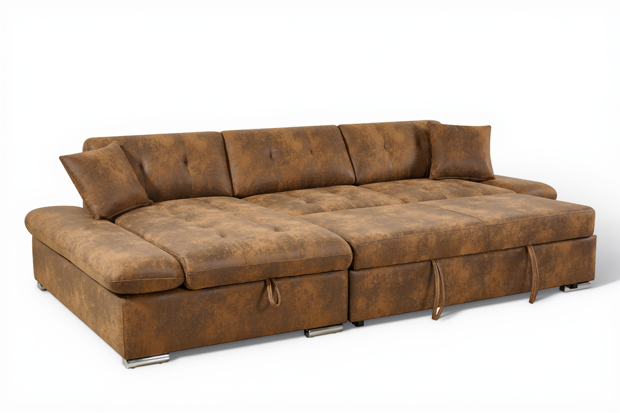 Harry Faux Leather Suede Brown Corner Sofabed with Storage