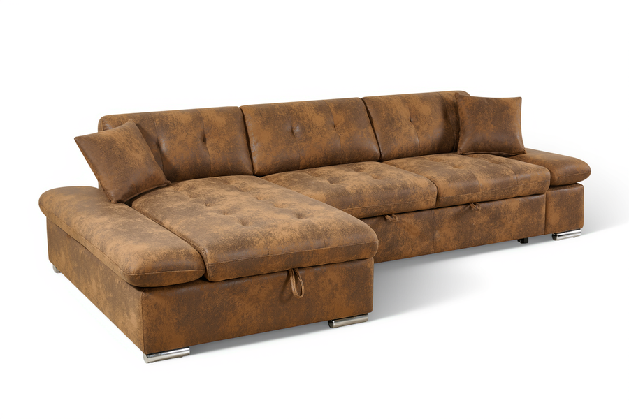 Harry Faux Leather Suede Brown Corner Sofabed with Storage
