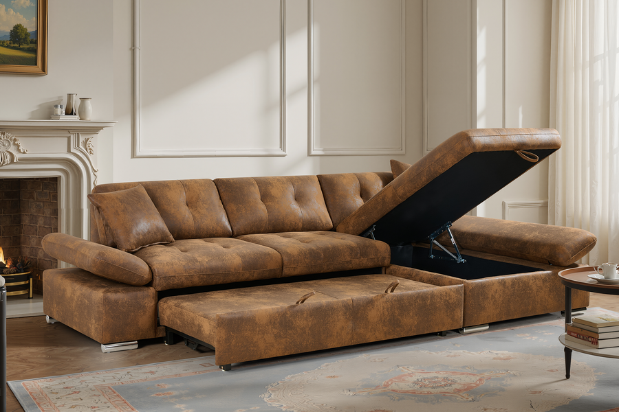 Harry Faux Leather Suede Brown Corner Sofabed with Storage