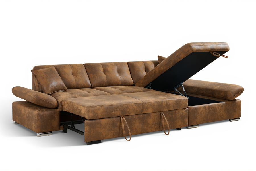 Harry Faux Leather Suede Brown Corner Sofabed with Storage
