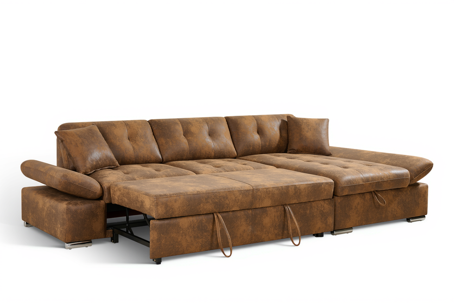Harry Faux Leather Suede Brown Corner Sofabed with Storage
