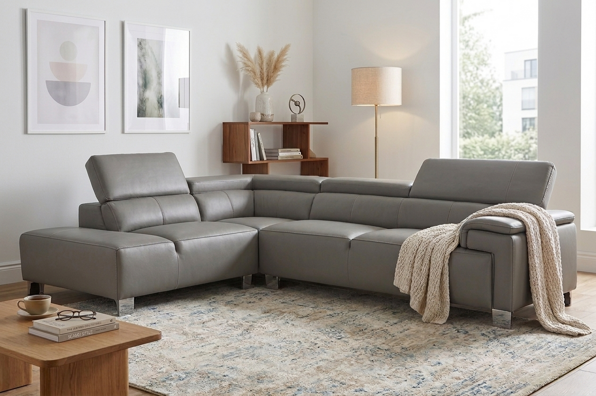 Livorno Genuine Leather Mid Grey Corner Sofa