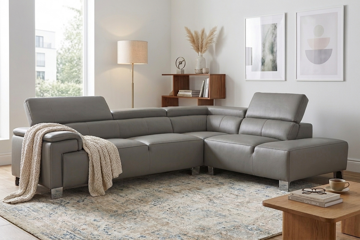 Livorno Genuine Leather Mid Grey Corner Sofa