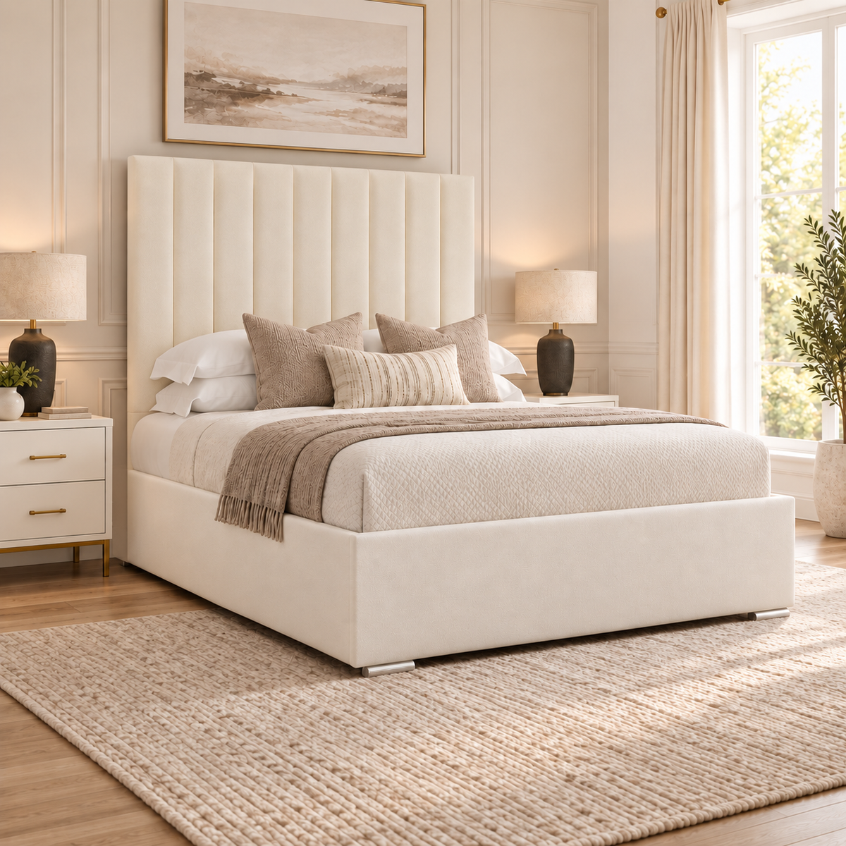Tara Line Bed Frame with its side rail fitted flush to the headboard in a warm neutral bedroom