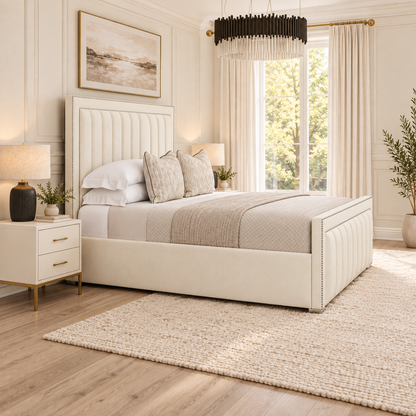 Dior Bed Frame in a warm neutral bedroom, left angle