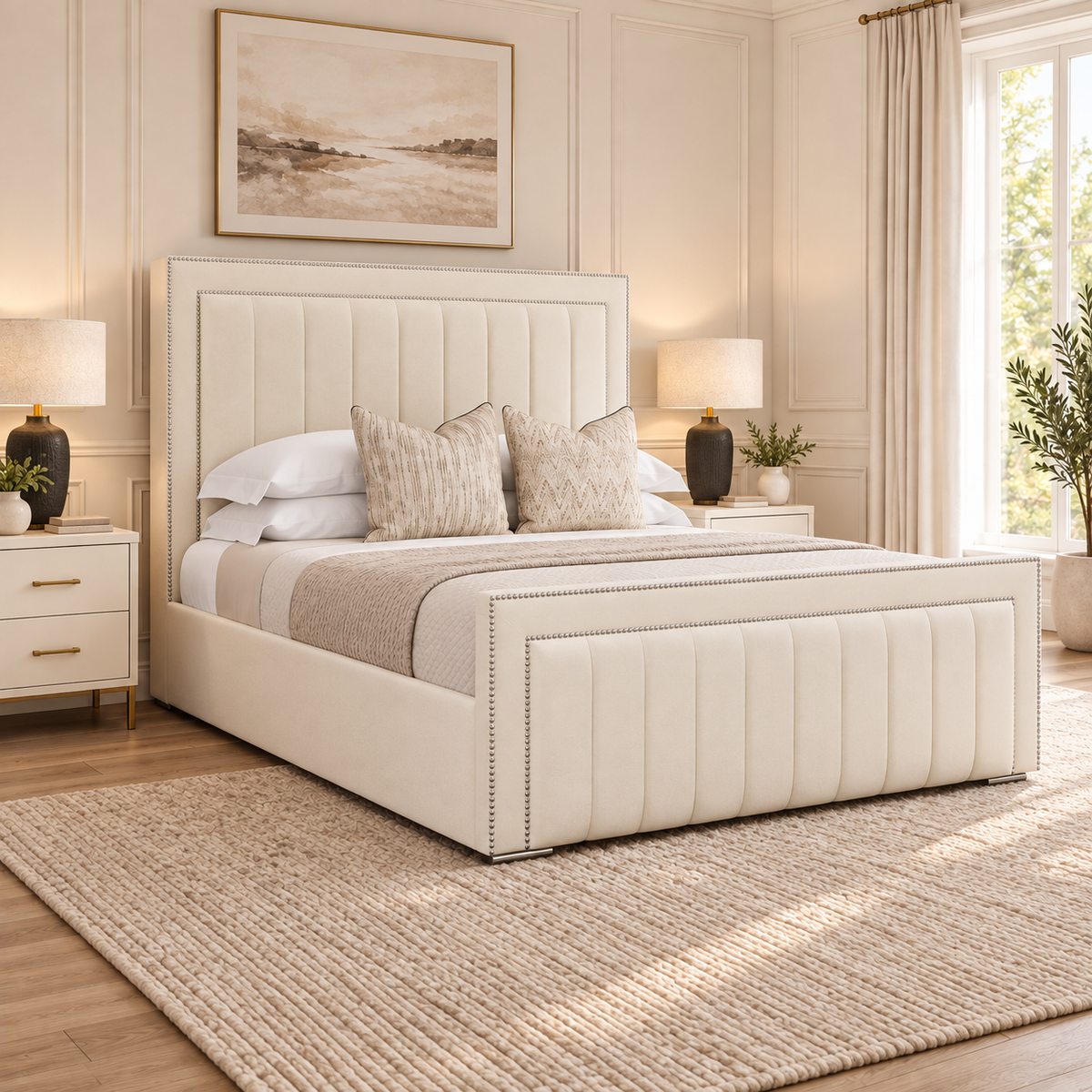 Dior Bed Frame in a warm neutral bedroom, showing the original headboard and footboard design