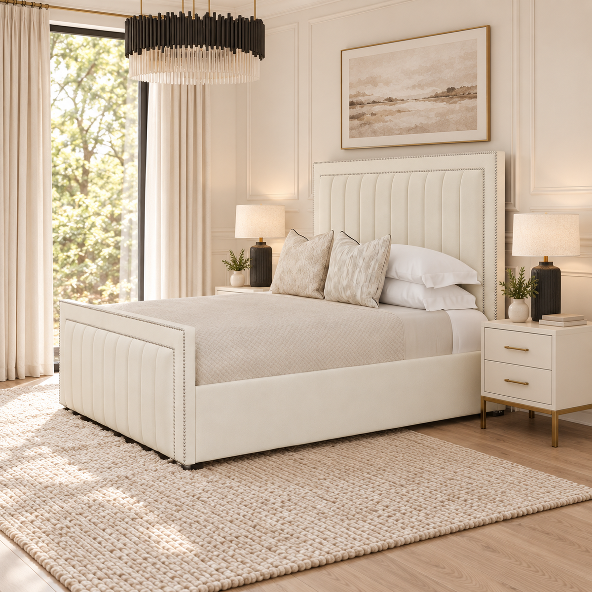 Dior Bed Frame in a warm neutral bedroom, right angle