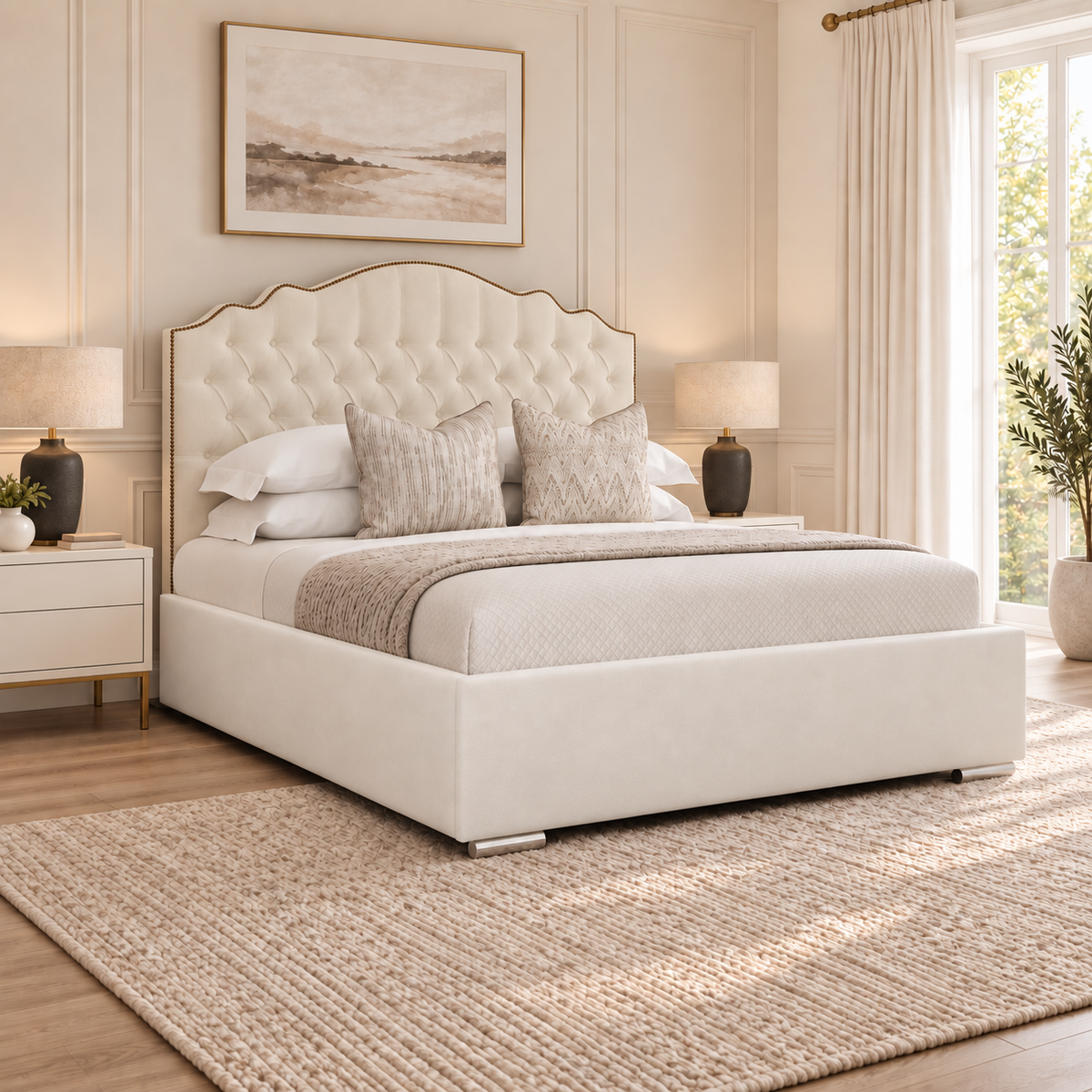 Amelia Bed Frame in a warm neutral bedroom with the side rail fitted flush to the headboard