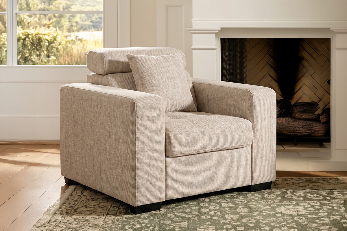Amelia beige chenille armchair – living room view