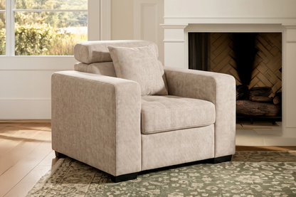 Amelia beige chenille armchair – living room view
