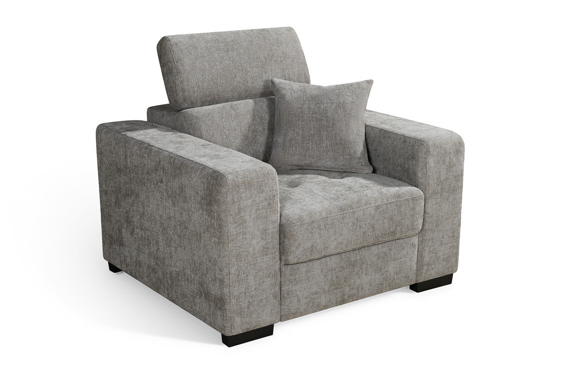 Amelia grey chenille armchair – angled view