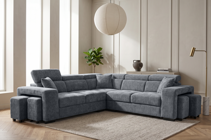 Amy Blue Corner Sofa With Ottomans in a living room