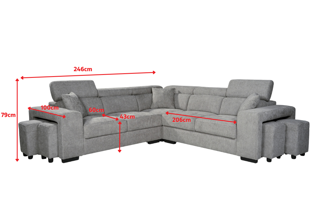 Amy Corner Sofa With Ottomans measurements: 246 x 246 cm, 100 cm depth and 79 cm height; grey model shown