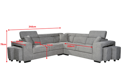 Amy Corner Sofa With Ottomans measurements: 246 x 246 cm, 100 cm depth and 79 cm height; grey model shown
