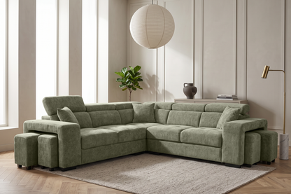 Amy Green Corner Sofa With Ottomans in a living room