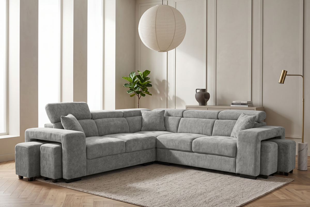 Amy Grey Corner Sofa With Ottomans in a living room