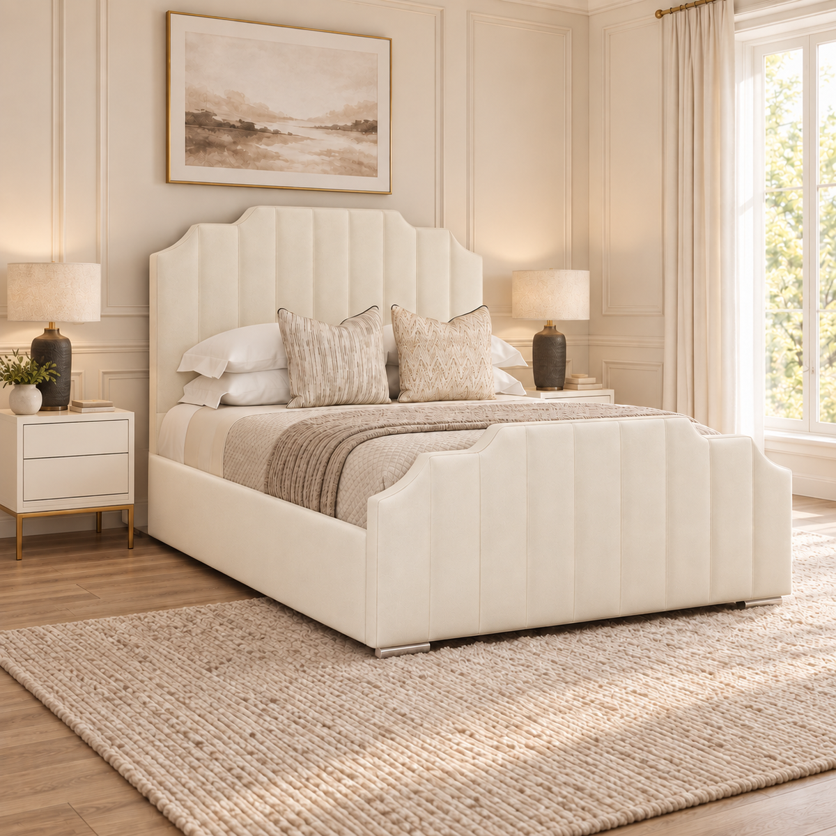 Art Deco Bed Frame in a warm neutral bedroom with the side rail fitted flush to the headboard