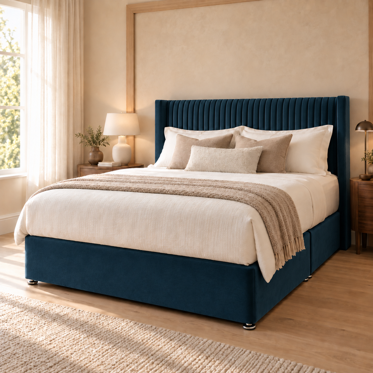 Ashbourne Divan Bed Frame, blue velvet and narrow pleated winged headboard, styled bedroom view. AI-generated product illustration.