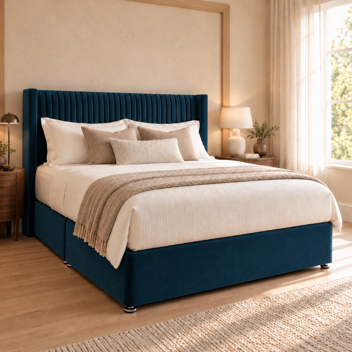 Ashbourne Divan Bed Frame, blue velvet and narrow pleated winged headboard, opposite three-quarter view. AI-generated product illustration.