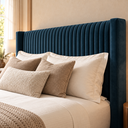 Ashbourne Divan Bed Frame, blue velvet and narrow pleated winged headboard, headboard upholstery close-up. AI-generated product illustration.