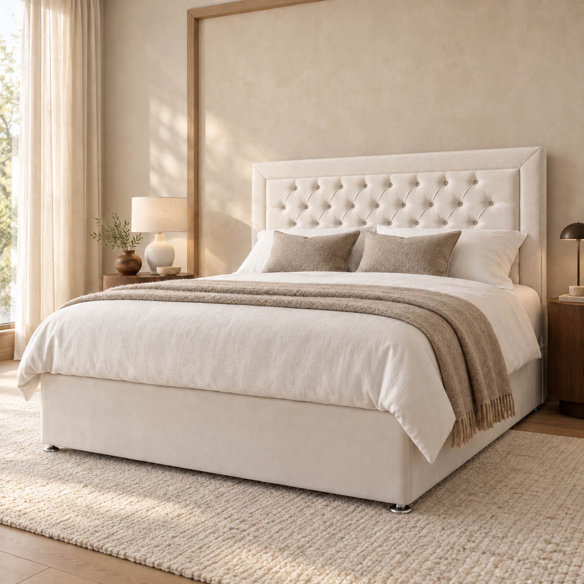 Belgrave divan bed in ivory with diamond-tufted headboard, styled bedroom view. AI-generated product illustration.