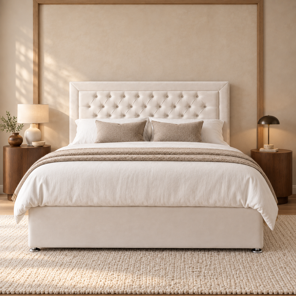 Belgrave ivory divan bed, straight-on front view. AI-generated product illustration.