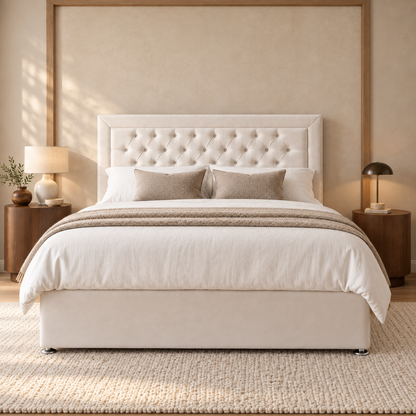 Belgrave ivory divan bed, straight-on front view. AI-generated product illustration.