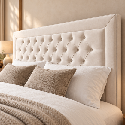 Belgrave ivory divan bed, diamond-tufted headboard and upholstery close-up. AI-generated product illustration.