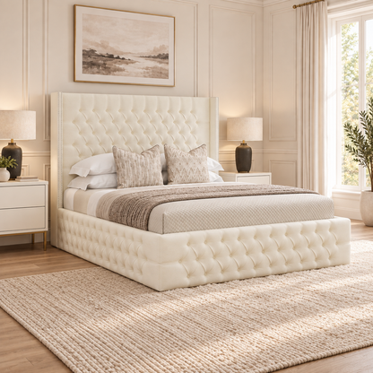 Birlea Winged Bed Frame in a warm neutral bedroom, showing the upholstered headboard and base