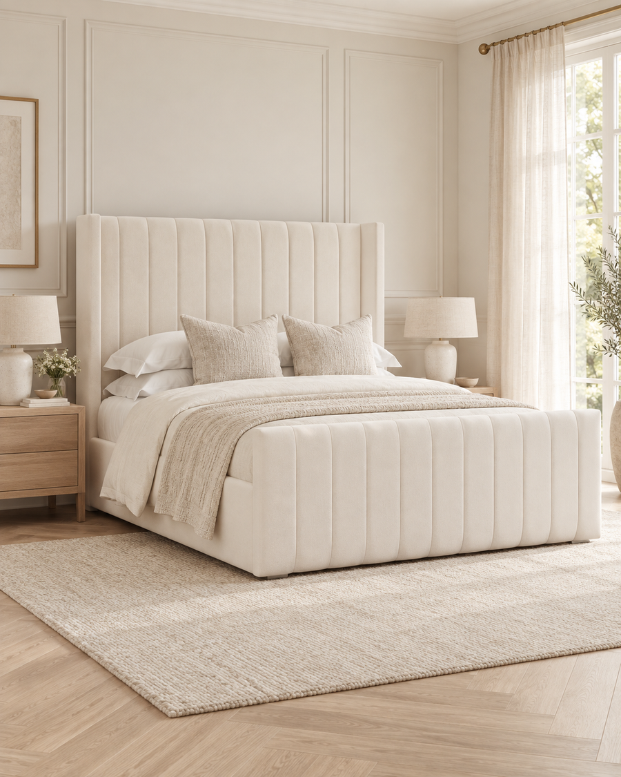 Cream upholstered bed in a warm ivory bedroom with pale oak flooring