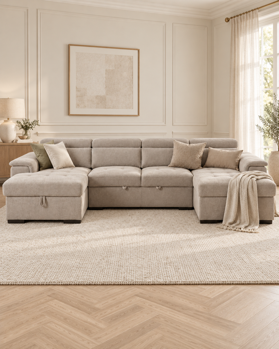 Beige Alaya U-shaped sofa bed with two chaises in a warm ivory living room
