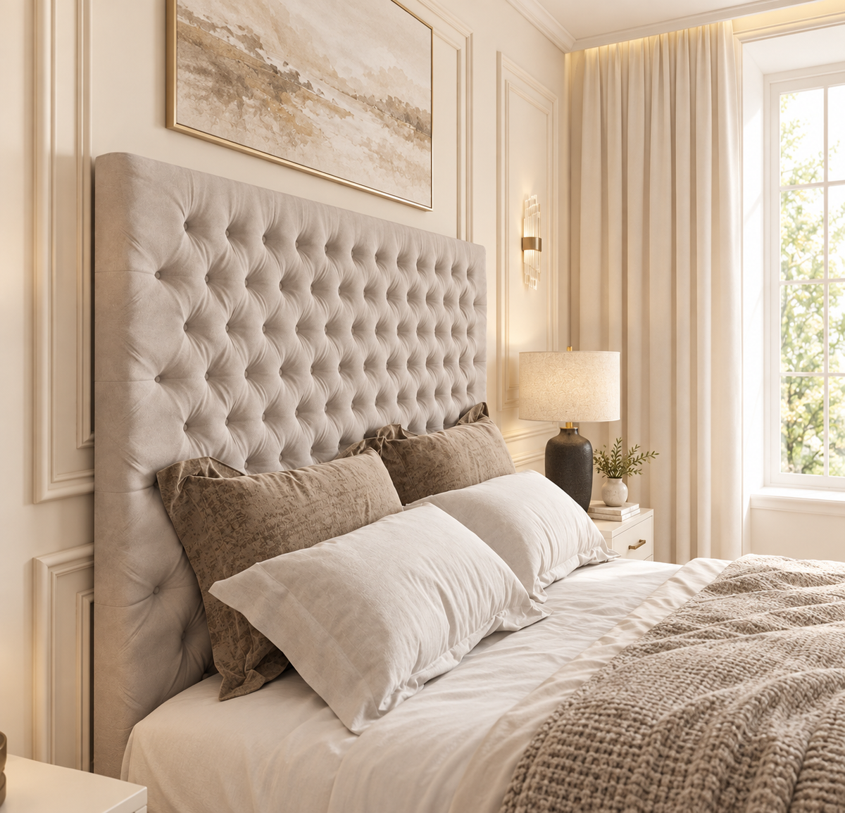 Chesterfield TV Bed Frame in a warm neutral bedroom, headboard detail