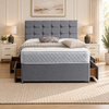 Cubex Divan Bed Frame in a warm neutral bedroom, showing its upholstered headboard and base