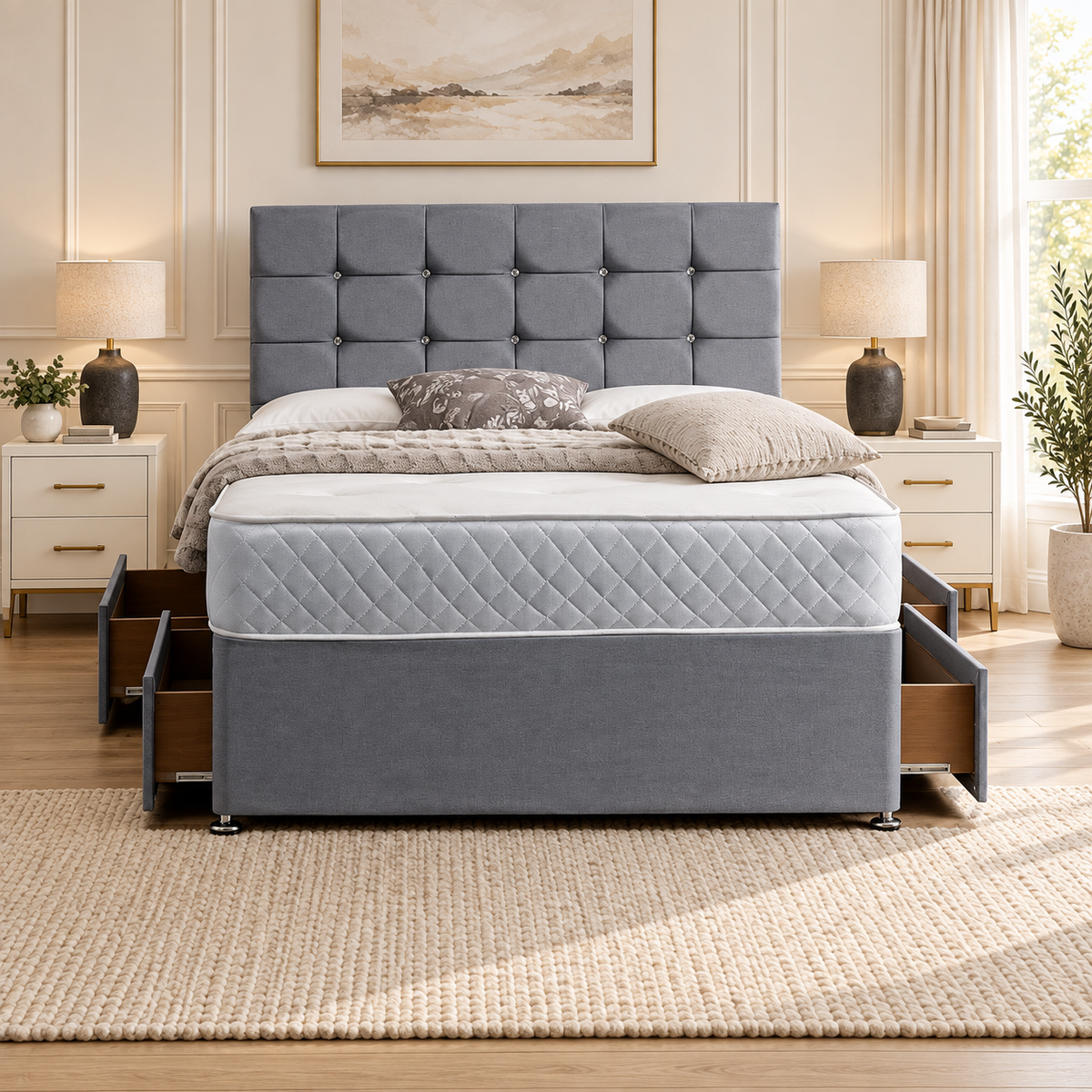 Cubex Divan Bed Frame in a warm neutral bedroom, showing its upholstered headboard and base