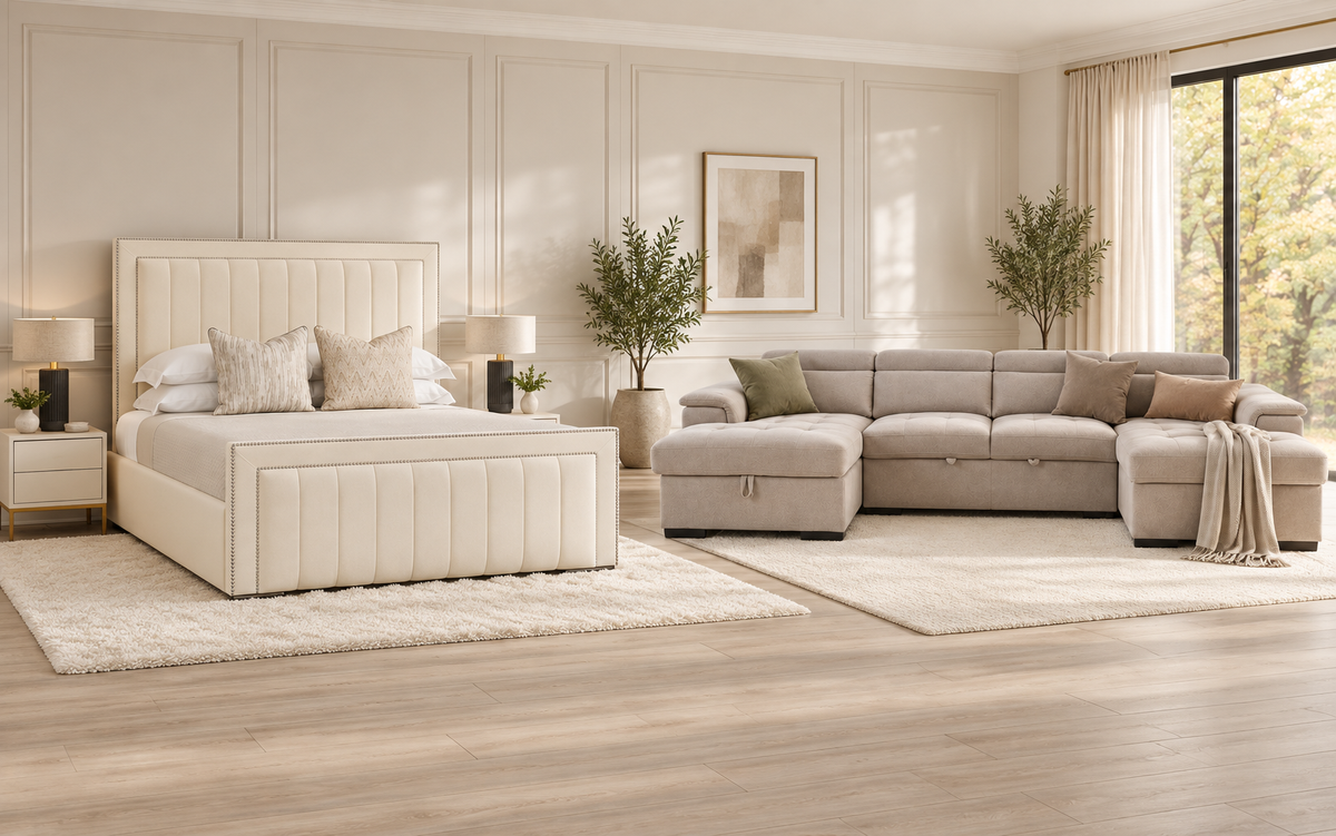 Cream Dior bed and beige Alaya U-shaped sofa shown side by side in a warm ivory interior
