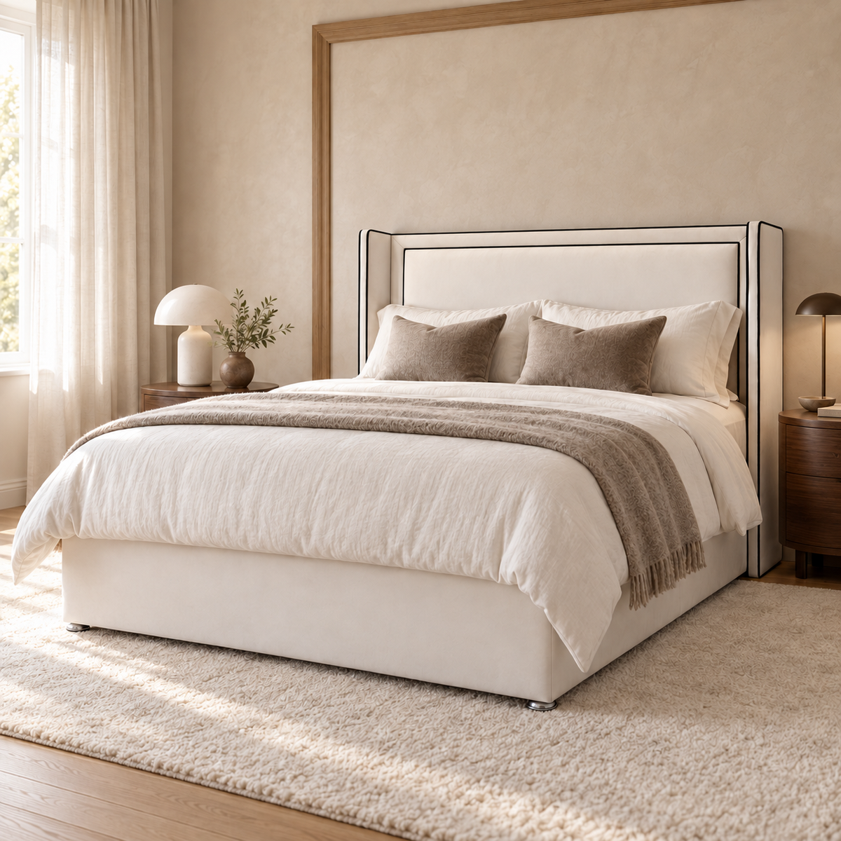 Elowen Divan Bed Frame, ivory upholstery and black-piped winged headboard, styled bedroom view. AI-generated product illustration.