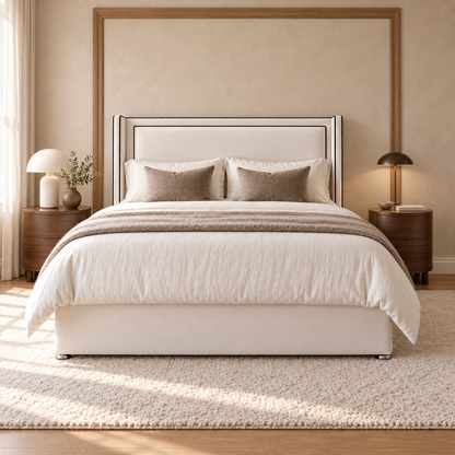 Elowen Divan Bed Frame, ivory upholstery and black-piped winged headboard, straight-on front view. AI-generated product illustration.