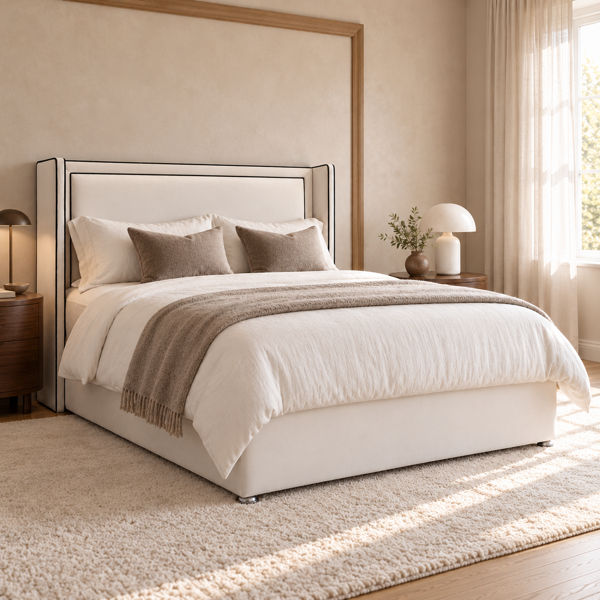 Elowen Divan Bed Frame, ivory upholstery and black-piped winged headboard, opposite three-quarter view. AI-generated product illustration.