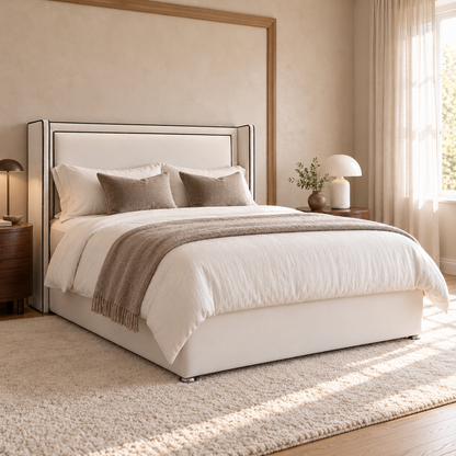 Elowen Divan Bed Frame, ivory upholstery and black-piped winged headboard, opposite three-quarter view. AI-generated product illustration.