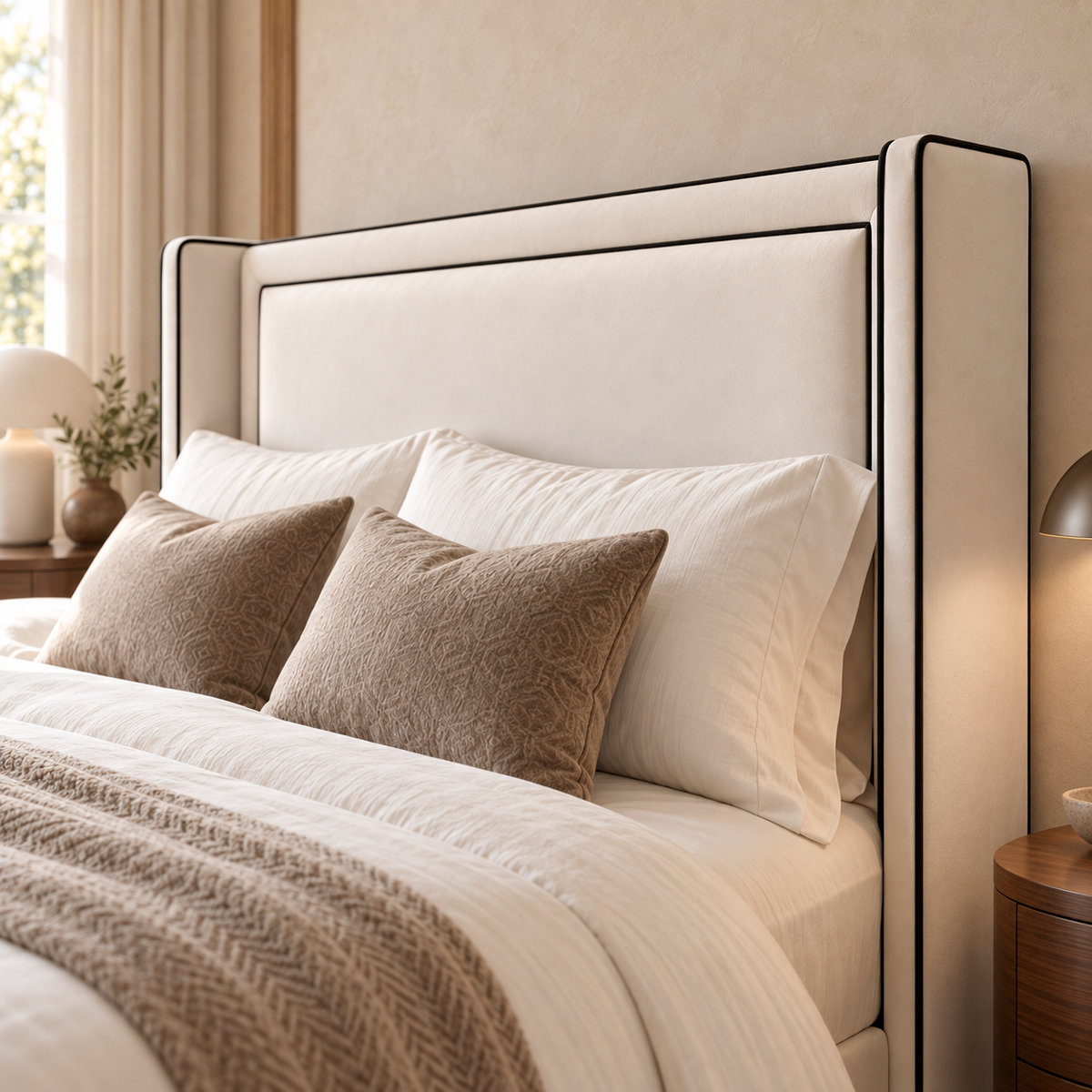 Elowen Divan Bed Frame, ivory upholstery and black-piped winged headboard, headboard upholstery close-up. AI-generated product illustration.
